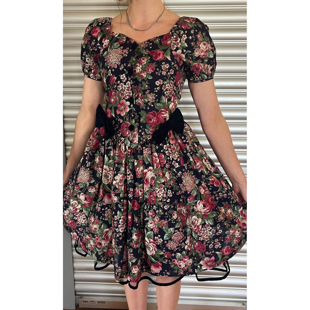 Vintage Bonnie Jean Floral Dress Navy Pink Rose Velvet Bows Girls 10 USA Made